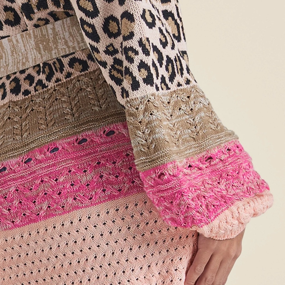 VENUS Pink & Beige Leopard-Accent Knit Cardigan with Belt - Picture 3 of 4